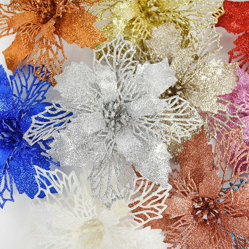 10pcs Glitter Artificial Poinsettia Flower