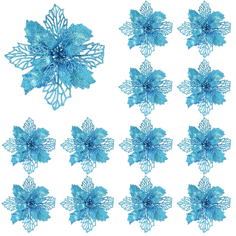 10pcs Glitter Artificial Poinsettia Flower
