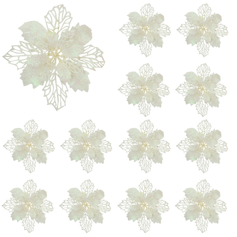 10pcs Glitter Artificial Poinsettia Flower