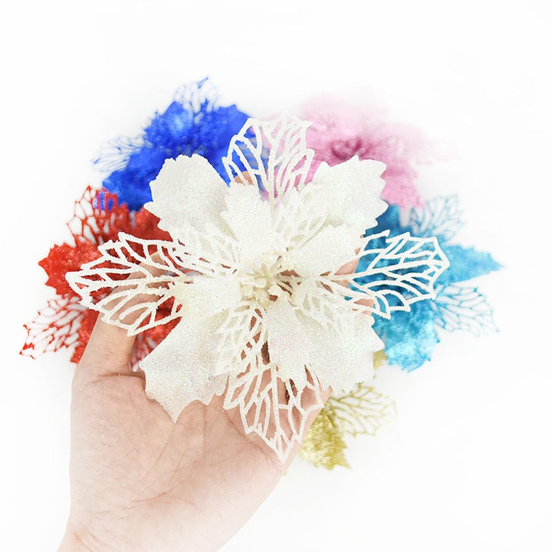 10pcs Glitter Artificial Poinsettia Flower