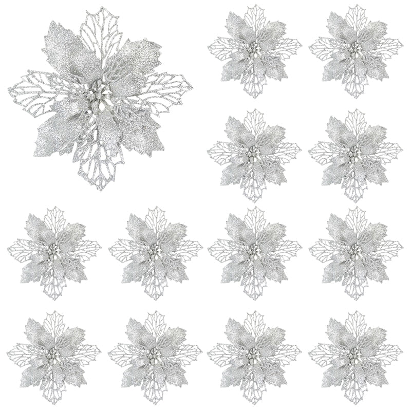 10pcs Glitter Artificial Poinsettia Flower