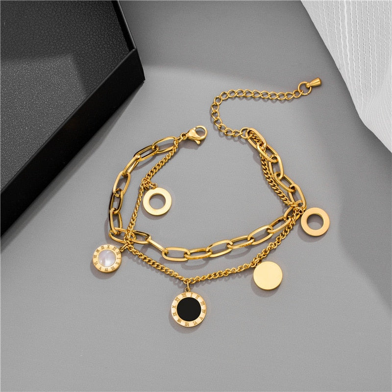Aesthetic Stainless Steel Layered Golden Pendant Bracelet