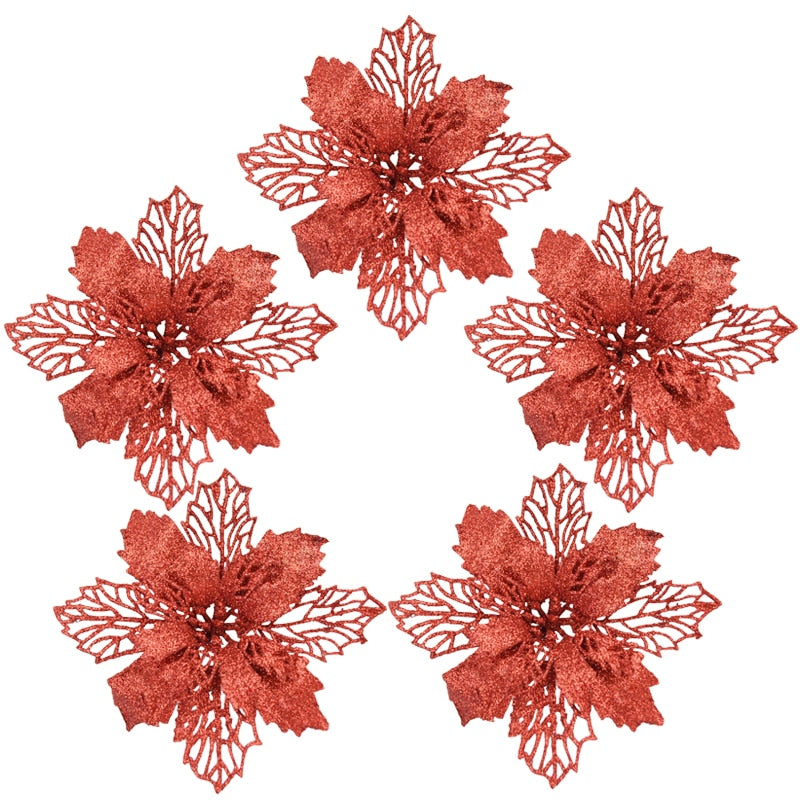 10pcs Glitter Artificial Poinsettia Flower