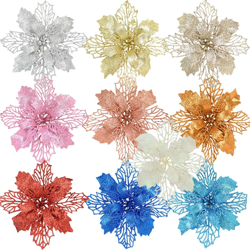 10pcs Glitter Artificial Poinsettia Flower