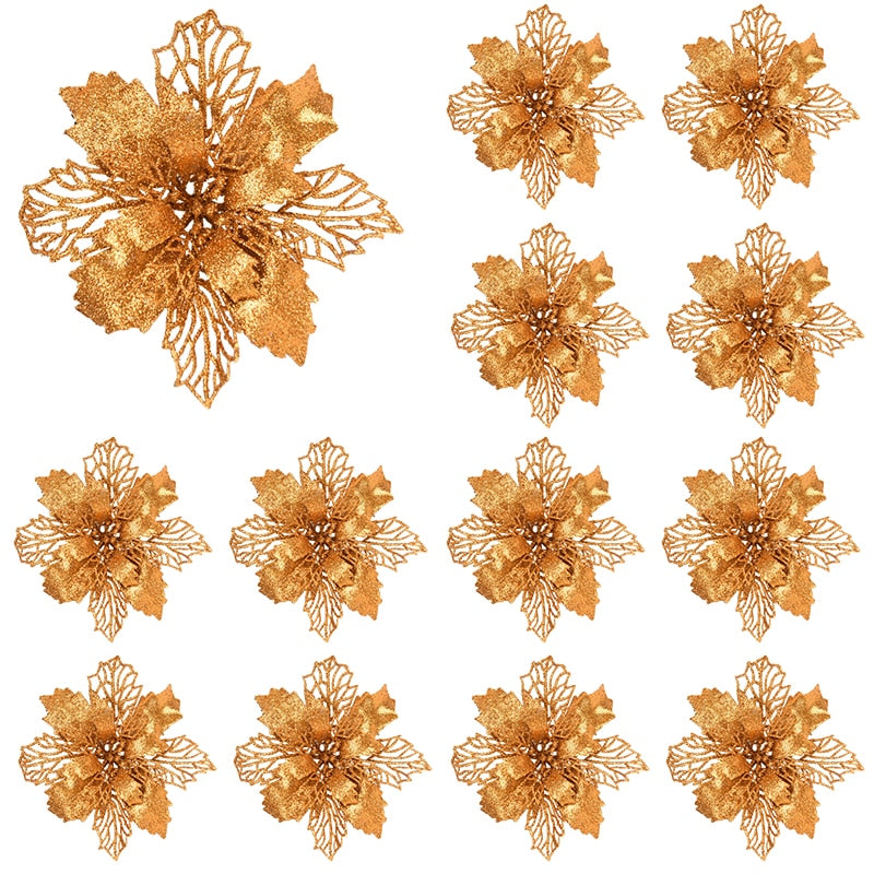10pcs Glitter Artificial Poinsettia Flower