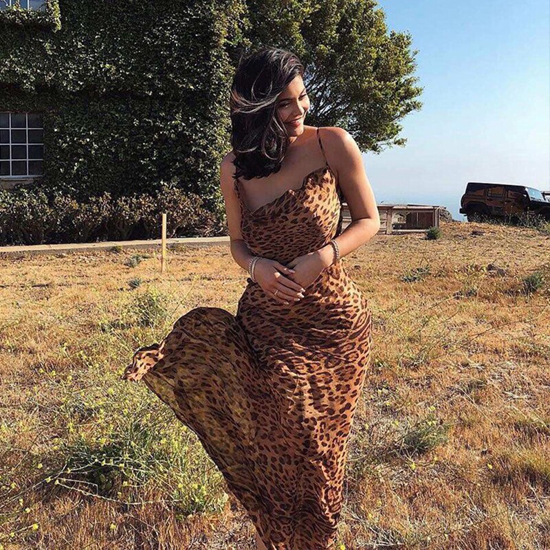 Chiffon Leopard Evening Party Maxi Dresses Strap Backless