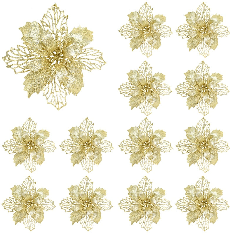 10pcs Glitter Artificial Poinsettia Flower