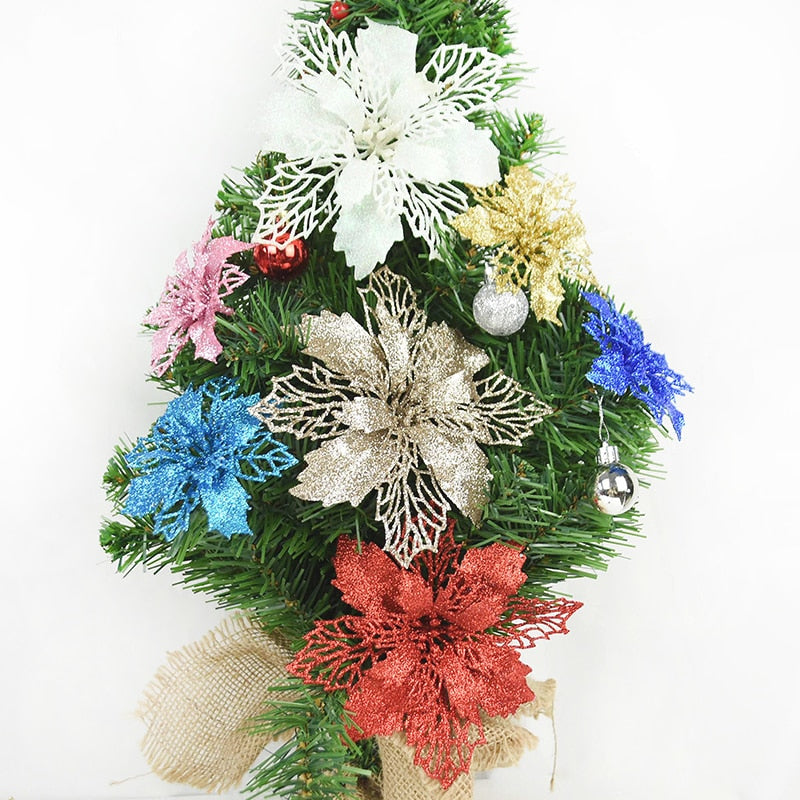 10pcs Glitter Artificial Poinsettia Flower