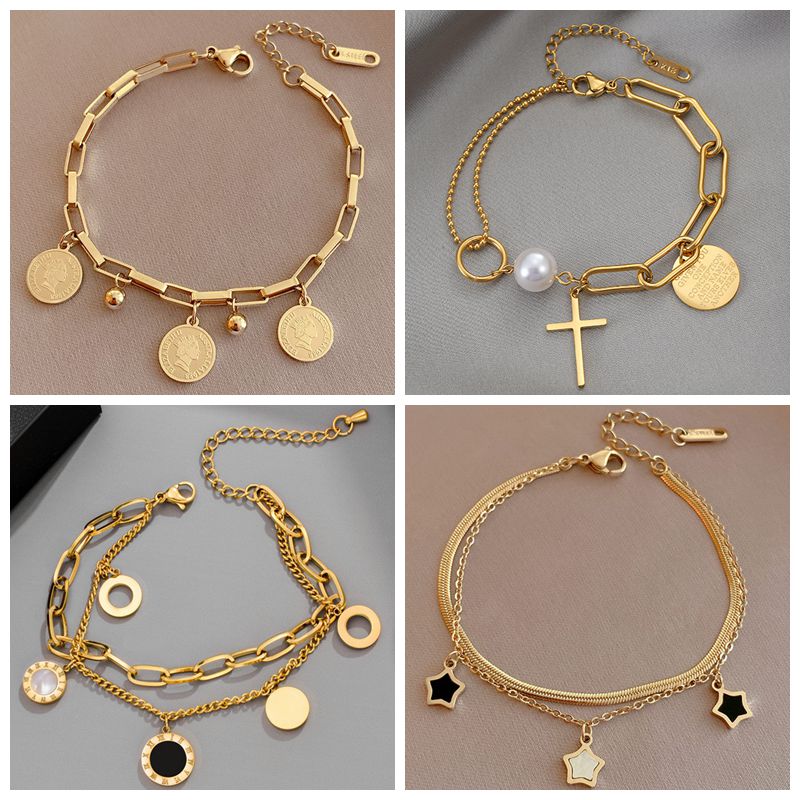 Aesthetic  Stainless Steel Layered Golden Pendant Bracelet