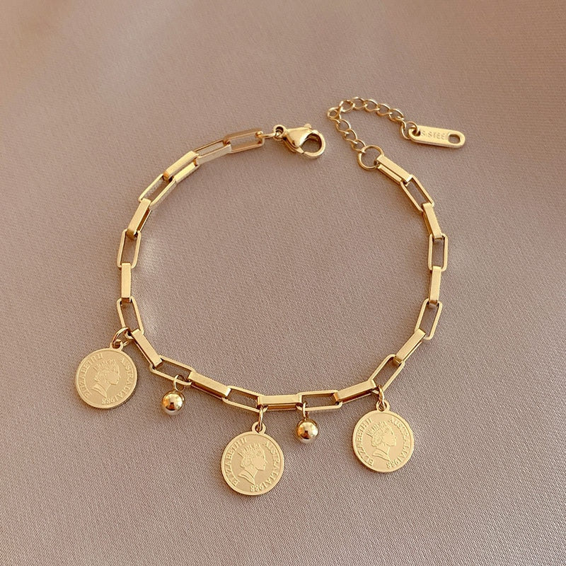 Aesthetic  Stainless Steel Layered Golden Pendant Bracelet