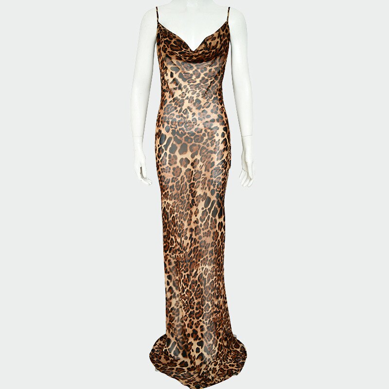 Chiffon Leopard Evening Party Maxi Dresses Strap Backless