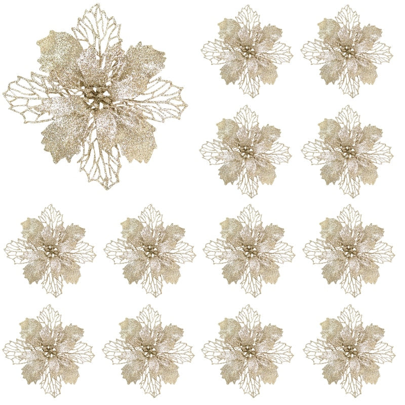 10pcs Glitter Artificial Poinsettia Flower