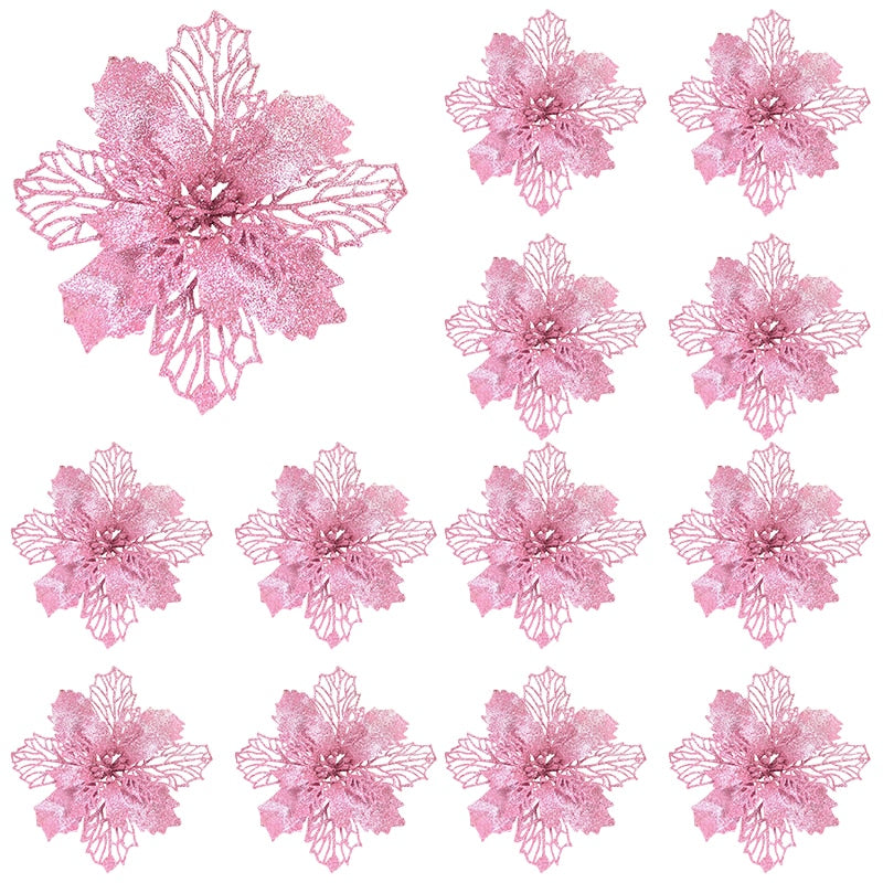 10pcs Glitter Artificial Poinsettia Flower
