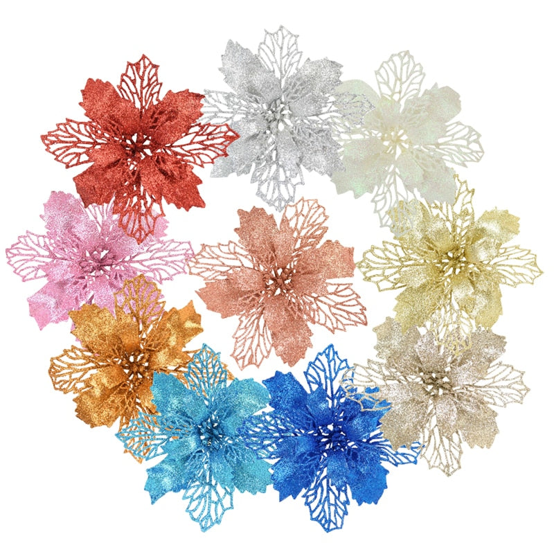 10pcs Glitter Artificial Poinsettia Flower
